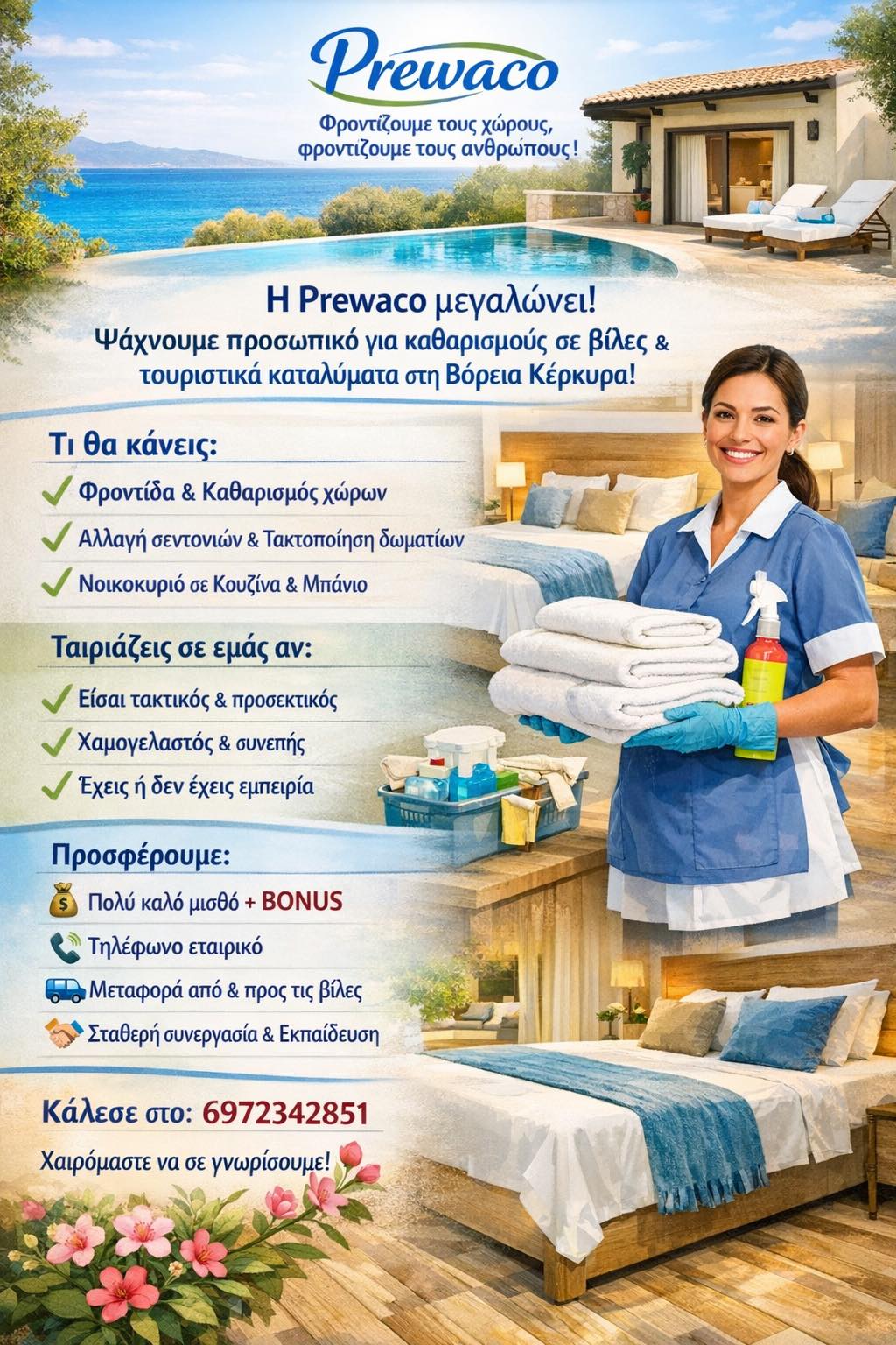 Ψάχνουμε ευχάριστα και υπεύθυνα άτομα για εσωτερικούς καθαρισμούς σε βίλες και τουριστικά καταλύματα στην Βόρεια Κέρκυρα.