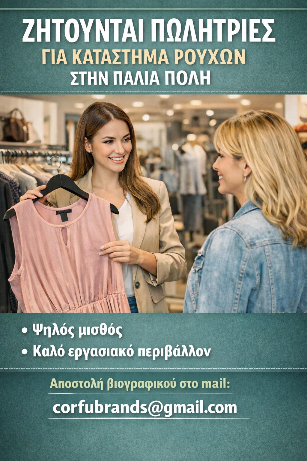 Ζητείται Πωλήτρια για κατάστημα ρούχων στην πόλη της Κέρκυρας