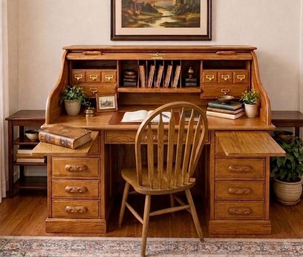 Εντυπωσιακό γραφείο Roll Top, αμερικανικής κατασκευής Amish, κατασκευασμένο από μασίφ βελανιδιά